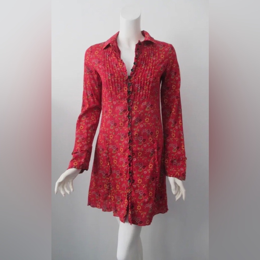 Free People Red Floral Long Sleeve Bohemian Dress Size-S